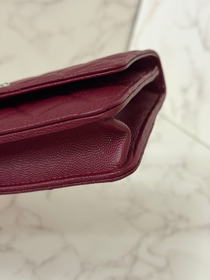 CHANEL 2024 Burgundy Caviar SHW Classic Wallet on chain (WOC) with crystal CC Logo