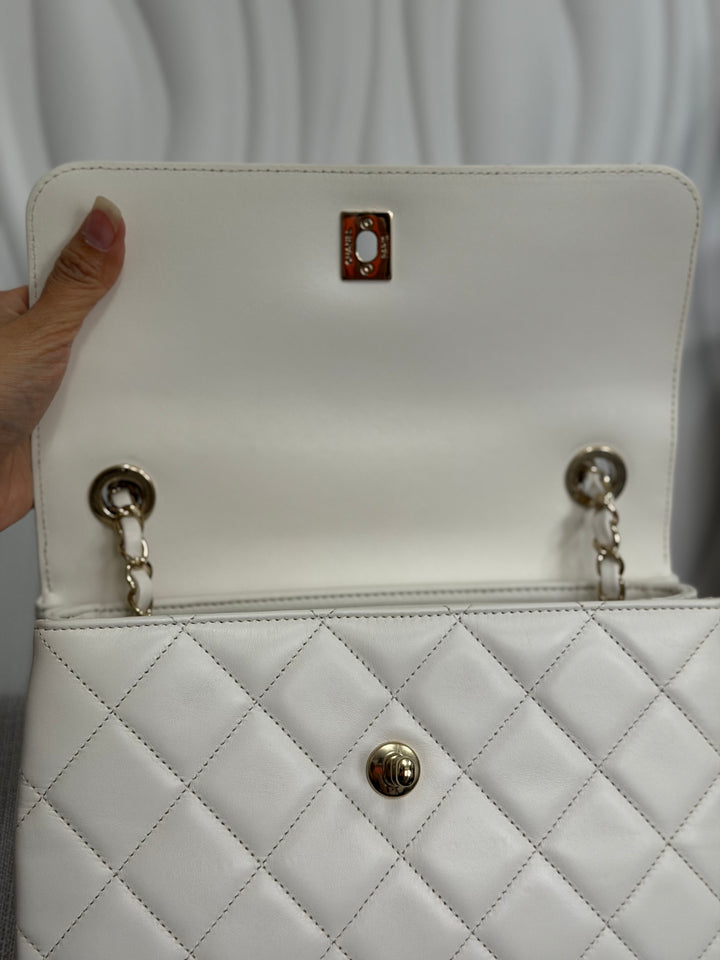 CHANEL 23S collection 2023 White Lambskin LGHW Trendy CC Flap Bag size Small with raised CHANEL Engraved Plate Top Handle