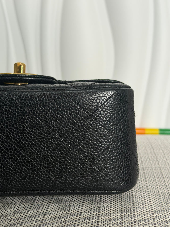 CHANEL series 13 Black Caviar GHW Vintage Square Mini Flap Bag with Edge stitching