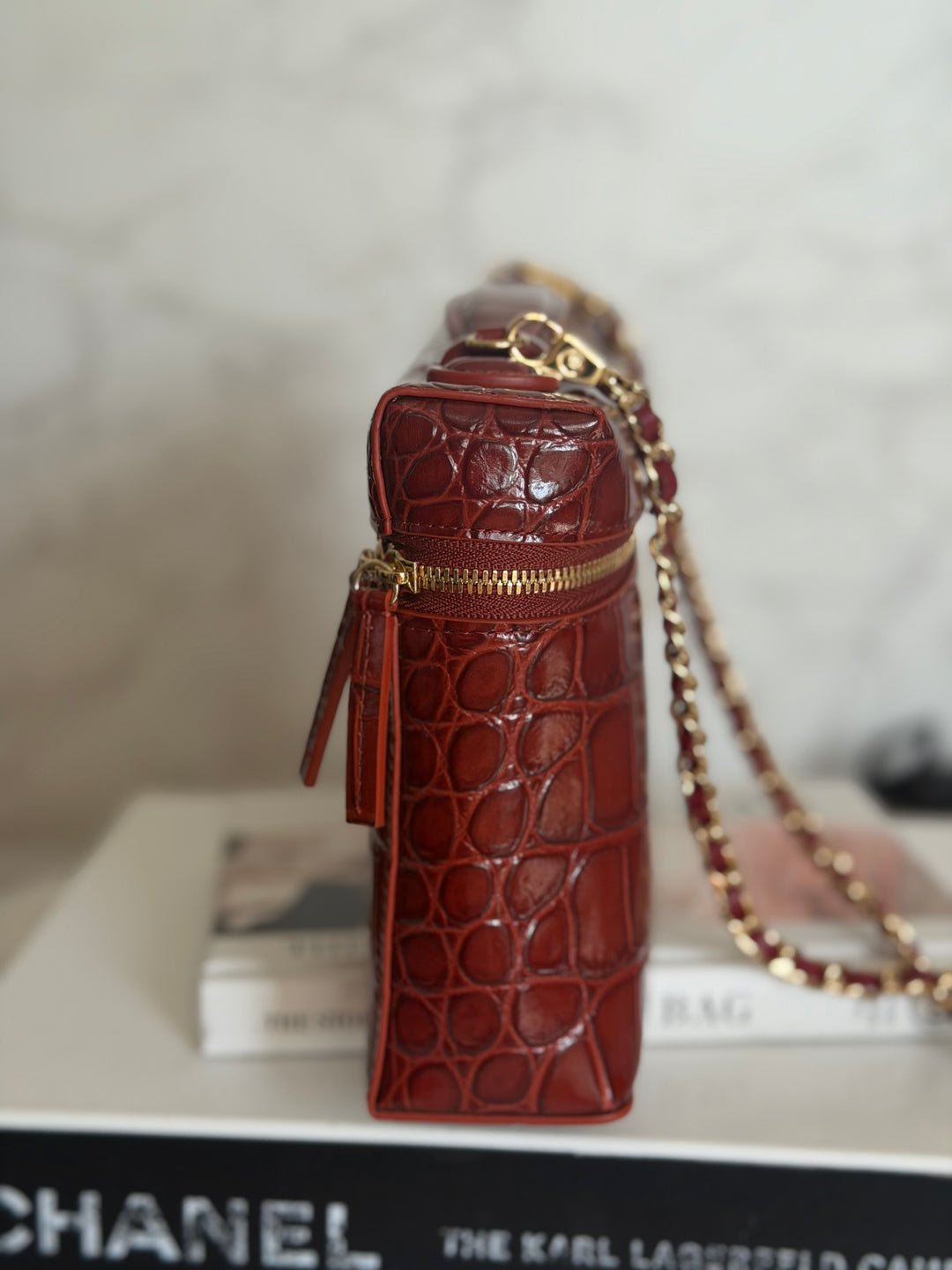 CHANEL 26B Croc Embossed Burgundy Calf Skin LP Long Vanity size Medium 23 cms 2026 Matthieu Blazy