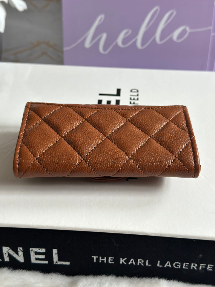 Chanel 23A Brown Caviar LGHW Classic Flap Snap Card Holder