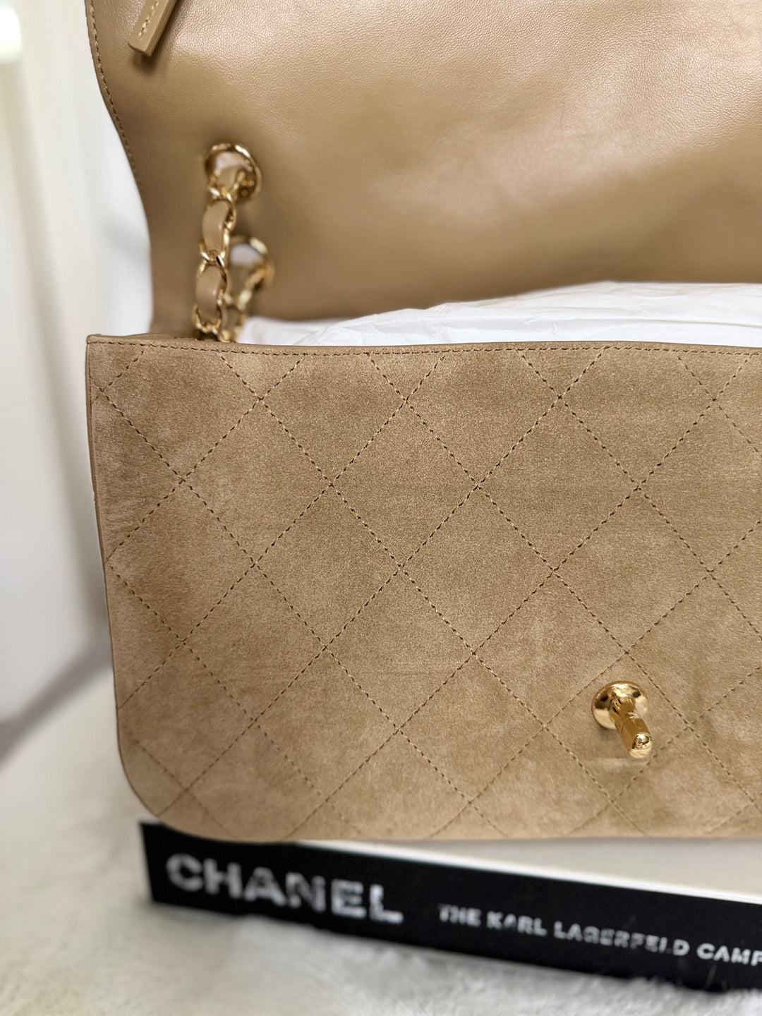 CHANEL 26S Beige Suede Leather LGHW Maxi Flap Bag 32 cms