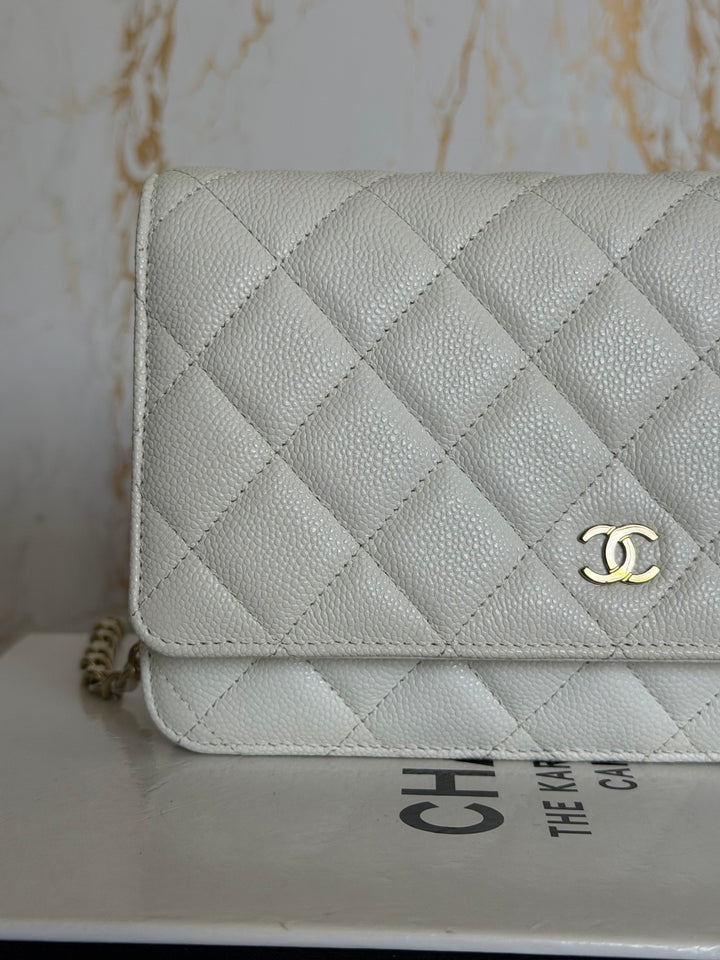 CHANEL White Caviar LGHW Classic Wallet on Chain (WOC) 2024
