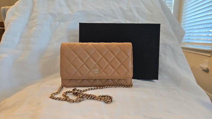 CHANEL 23P Caramel Dark Beige Caviar LGHW Classic Wallet On Chain (WOC)