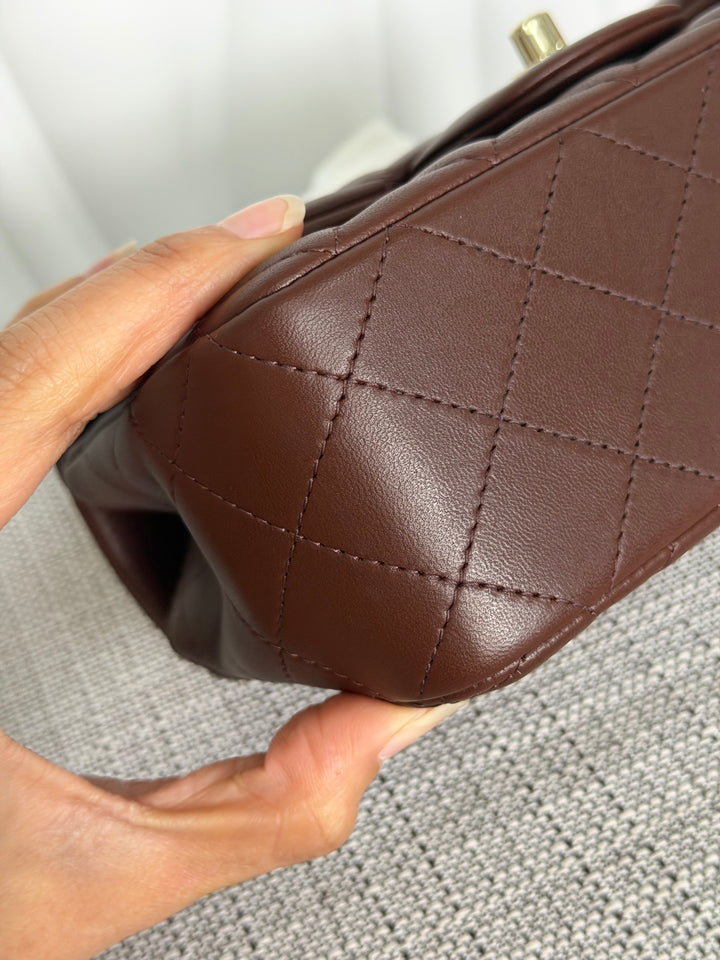 CHANEL 25K collection 2025 Brown Lambskin LGHW Mini Rectangular Flap Bag with Leather Top Handle