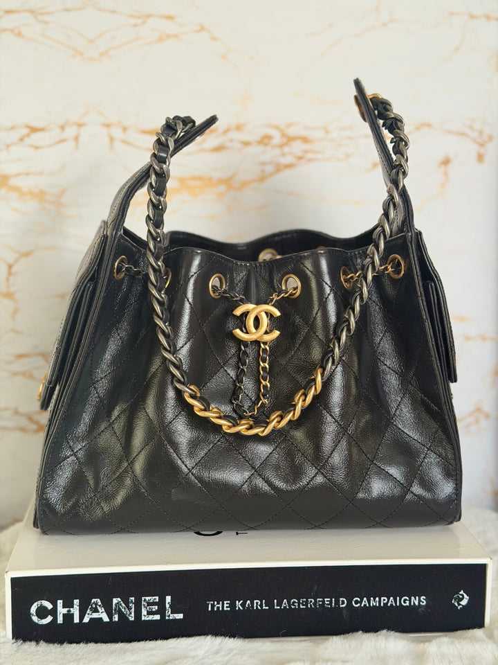 CHANEL Black Shiny Calf Skin Mixed Hardware 25 Hobo Bag size SMALL 2025/2026