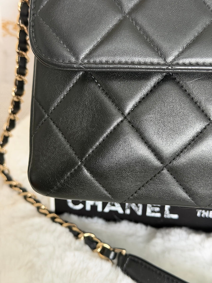 CHANEL Black Lambskin LGHW Trendy CC Flap Bag size SMALL with Non detachable Shoulder strap 2023
