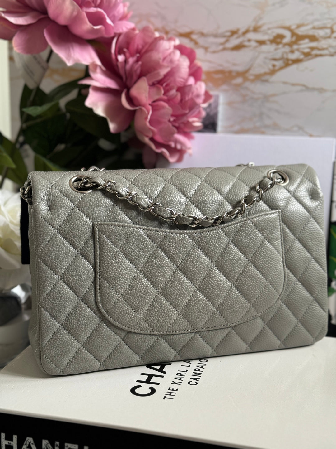 CHANEL series 19 Grey Caviar SHW Medium ML Double Flap Bag 14B collection 2014