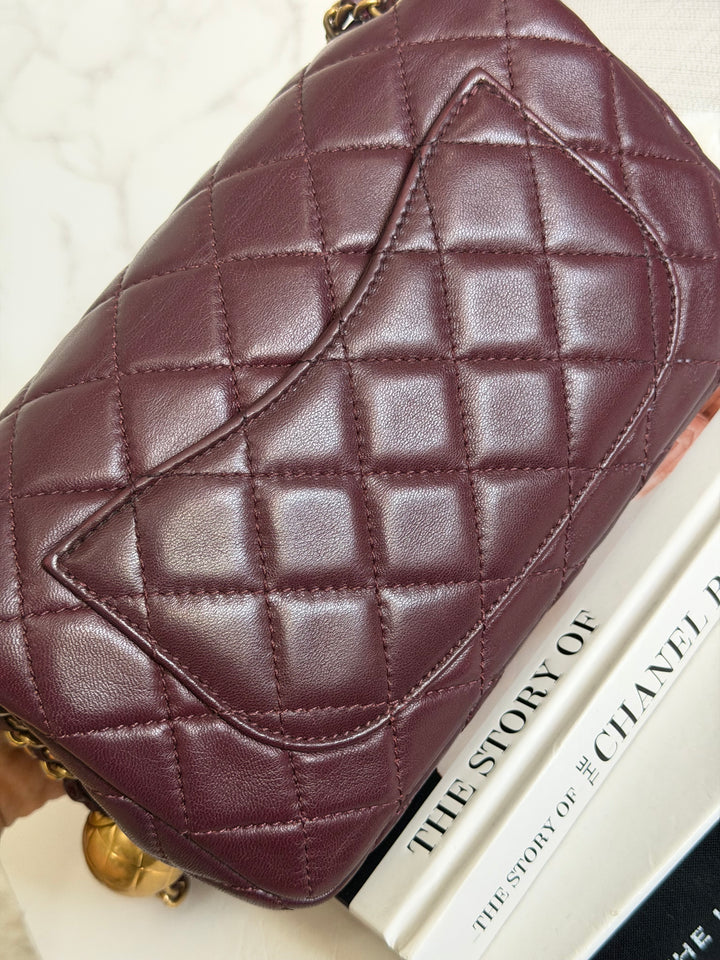 CHANEL 21B Burgundy Lambskin Aged GHW Pearl Crush Mini Rectangular Flap Bag 2021