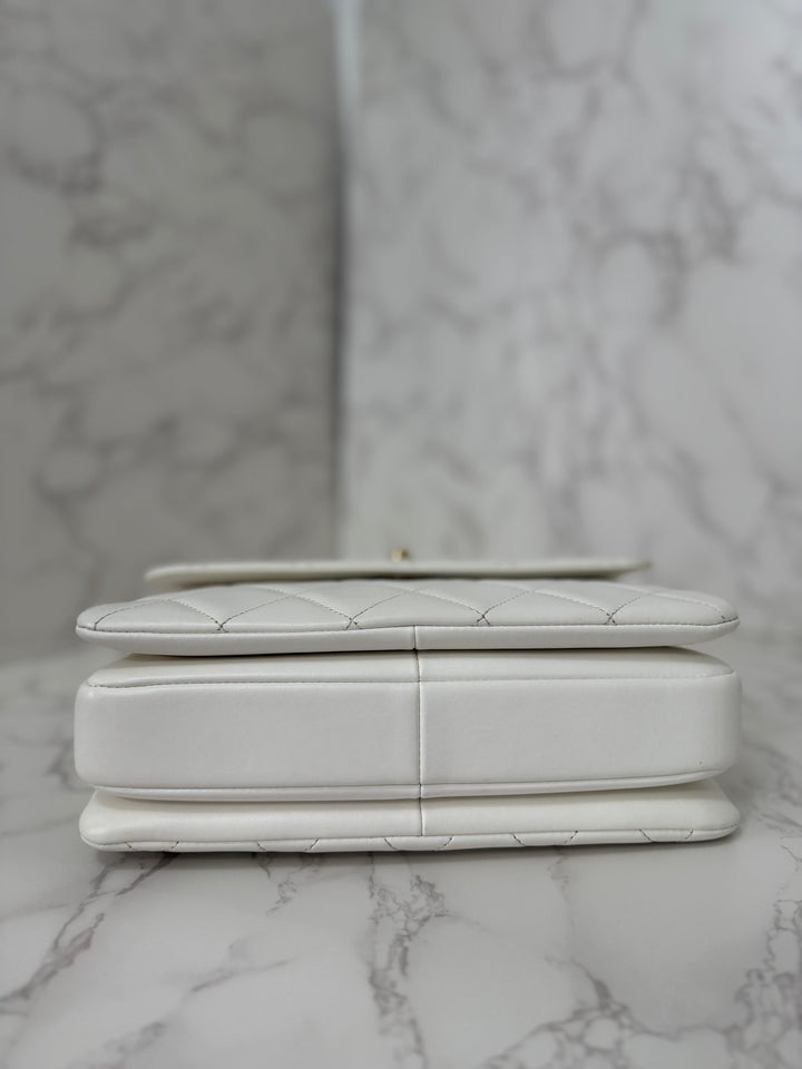 CHANEL 23S collection 2023 White Lambskin LGHW Trendy CC Flap Bag size Small with raised CHANEL Engraved Plate Top Handle