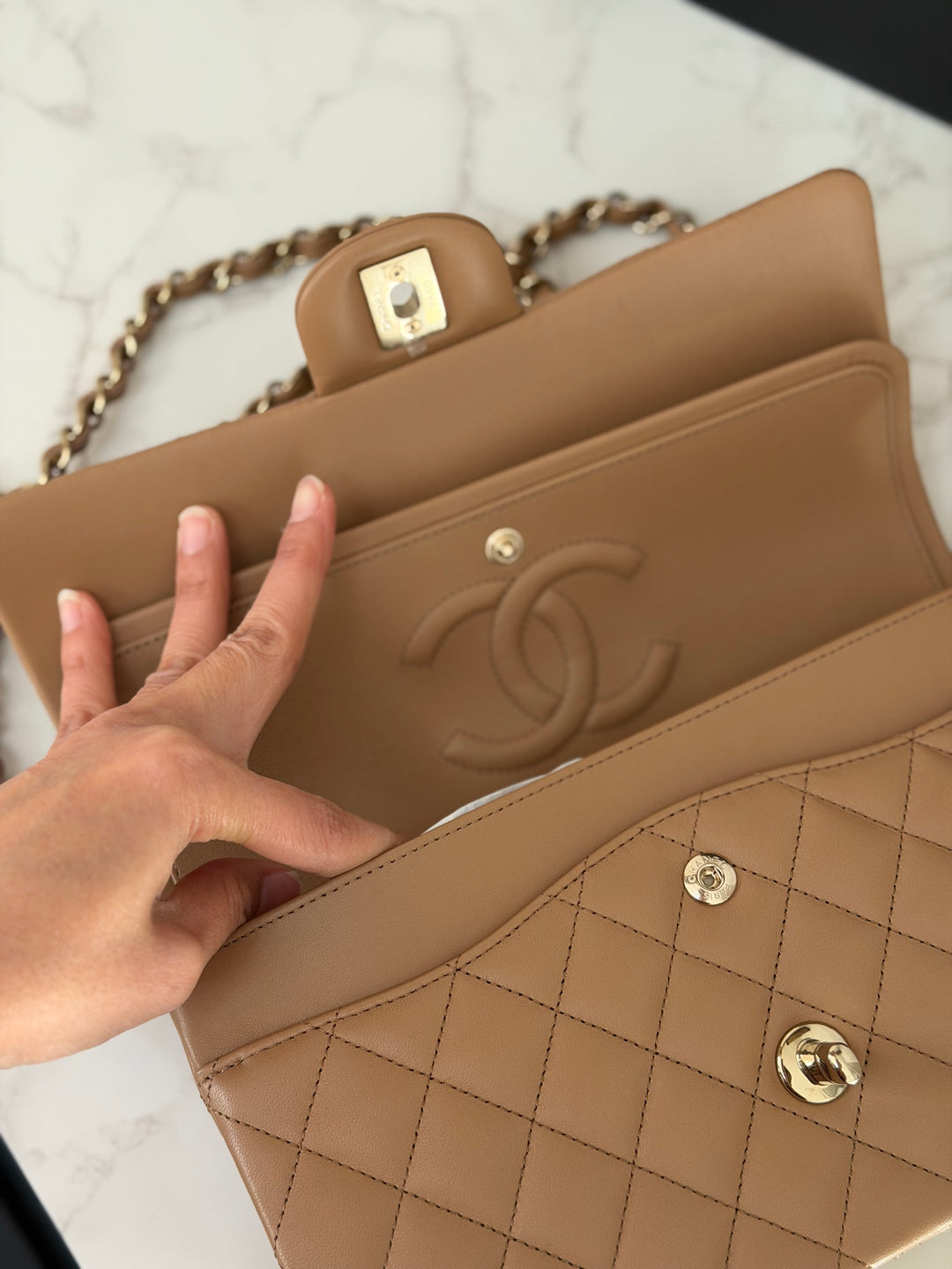 CHANEL 22K 2022 Dark Beige Lambskin LGHW Medium ML Timeless Classic Double Flap Bag