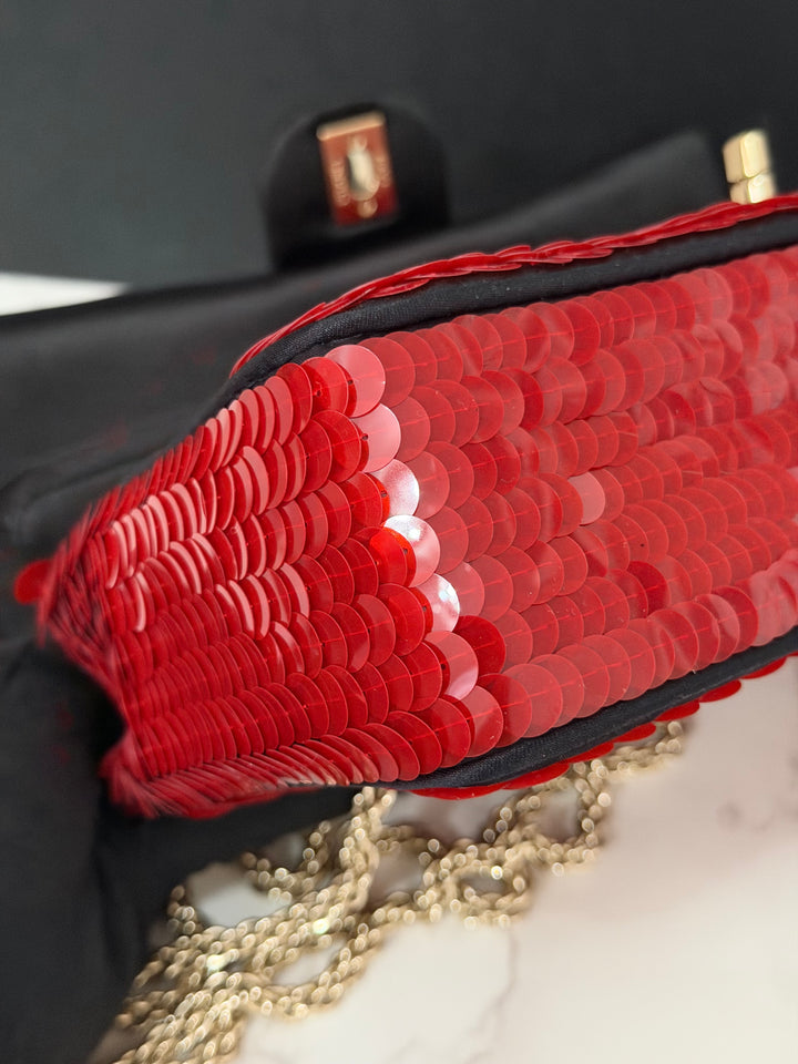 CHANEL series 13 2010 Red Sequin and Black Satin Paris-Shanghai Medium Flap Bag Gold Hardware