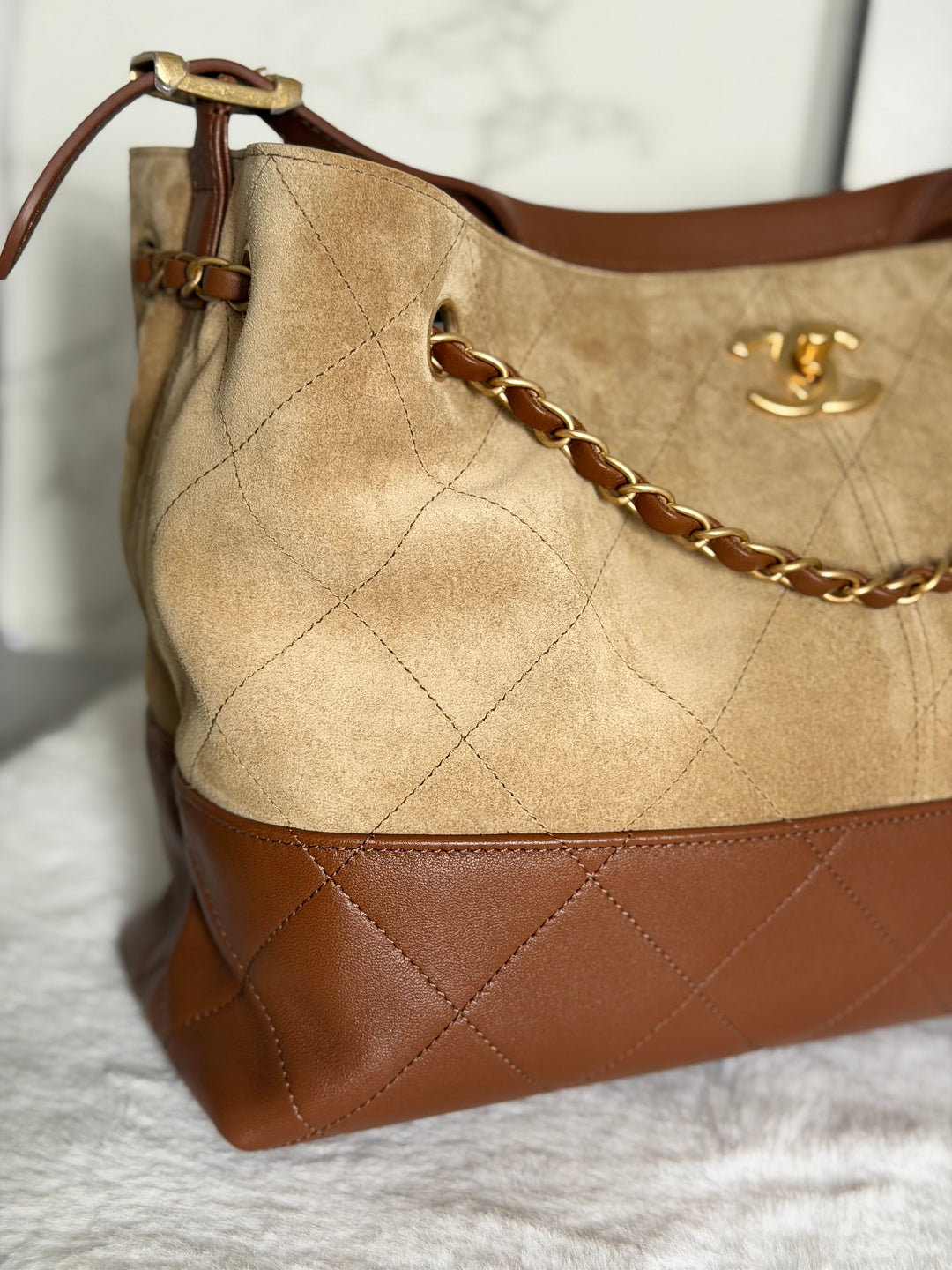 CHANEL 26S Beige Suede and Brown Leather Shopping Tote Bag 2026 size Small