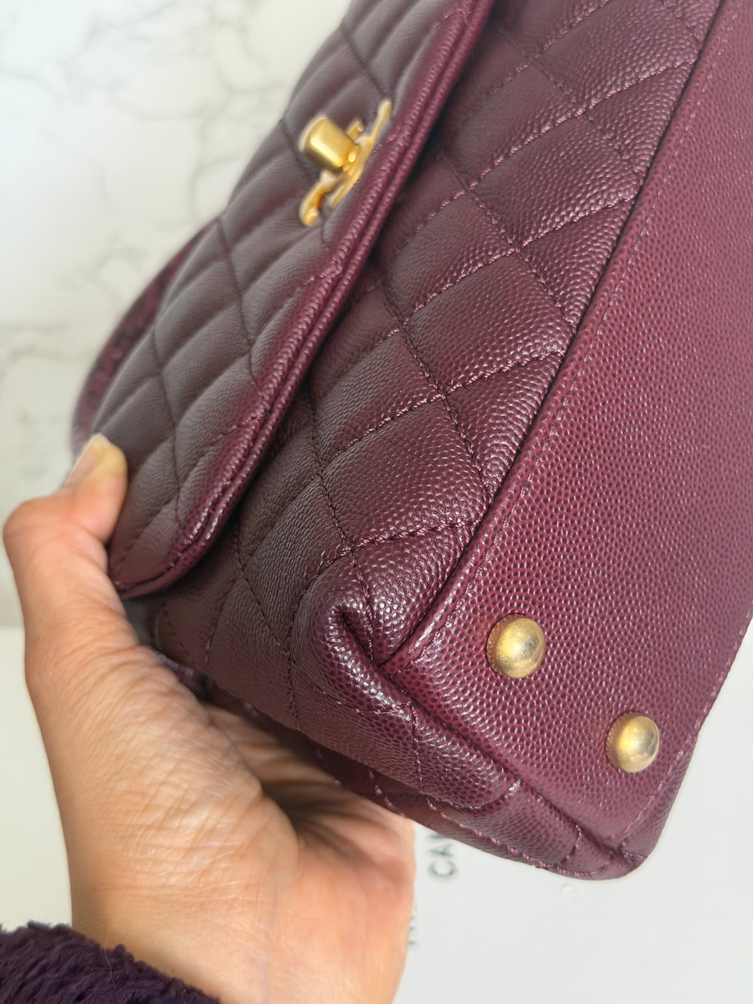 CHANEL series 26 Burgundy Caviar Aged GHW Coco Handle Flap Bag size SMALL with Pink sea snake handle 2018