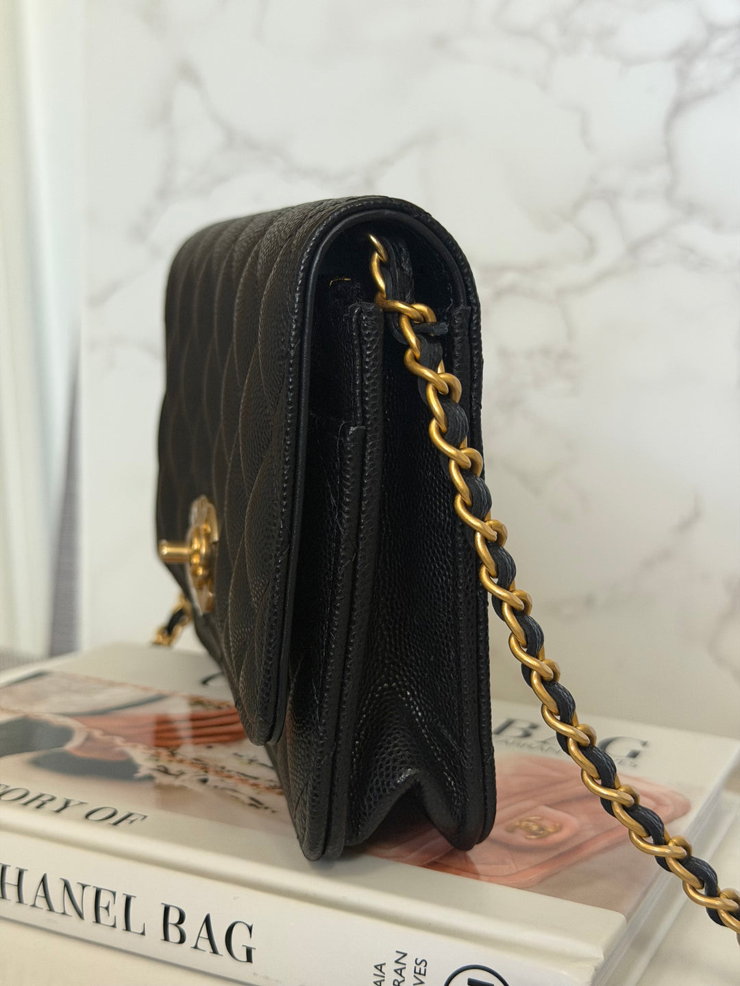 CHANEL Camellia Turnlock Black Lambskin Brushed GHW Classic Wallet on Chain (WOC) microchip 2023