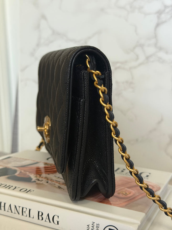 CHANEL Camellia Turnlock Black Lambskin Brushed GHW Classic Wallet on Chain (WOC) microchip 2023