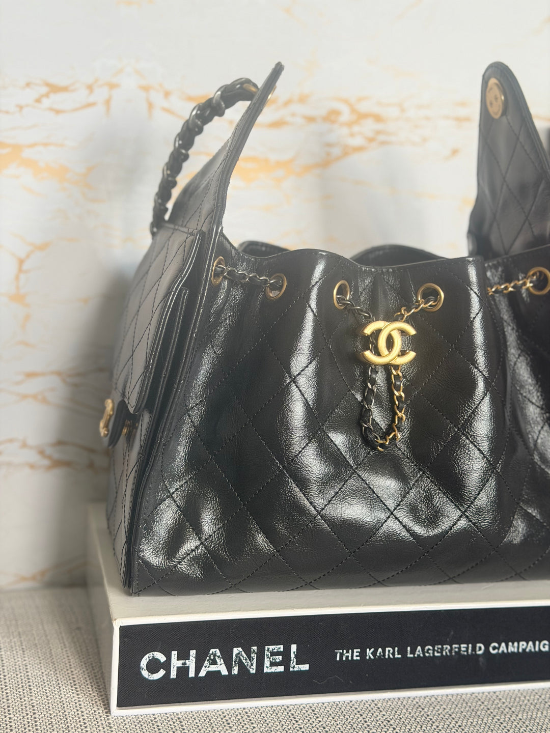 CHANEL Black Shiny Calf Skin Mixed Hardware 25 Hobo Bag size SMALL 2025/2026