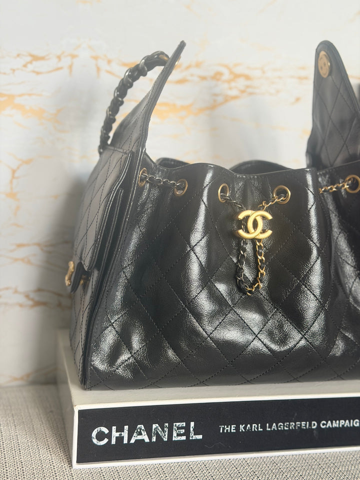 CHANEL Black Shiny Calf Skin Mixed Hardware 25 Hobo Bag size SMALL 2025/2026