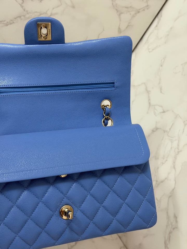 CHANEL 25C 2025 Periwinkle Blue Caviar LGHW Medium ML Timeless Classic Double Flap Bag