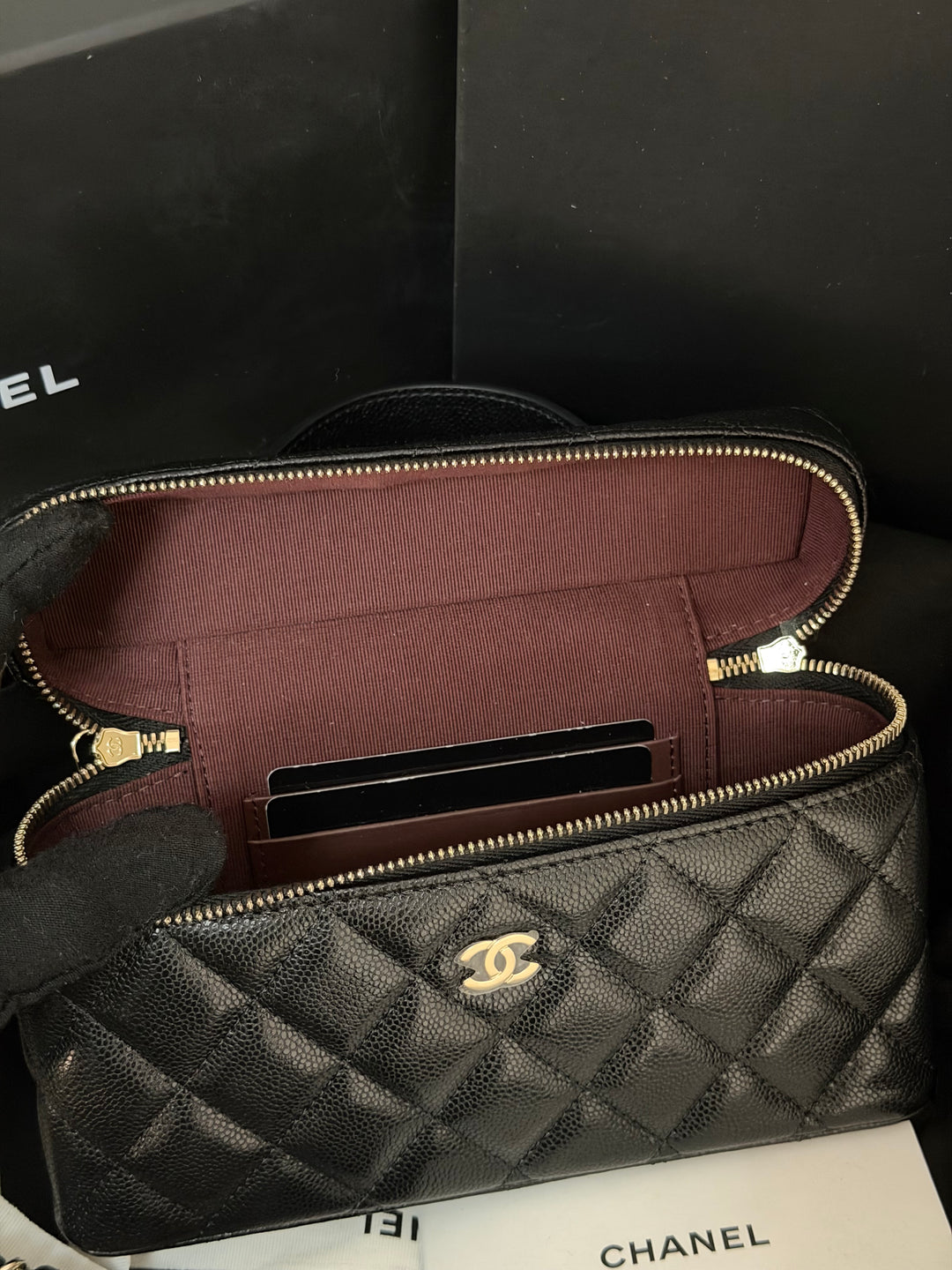 CHANEL Black Caviar LGHW Long Vanity with top handle and detachable chain