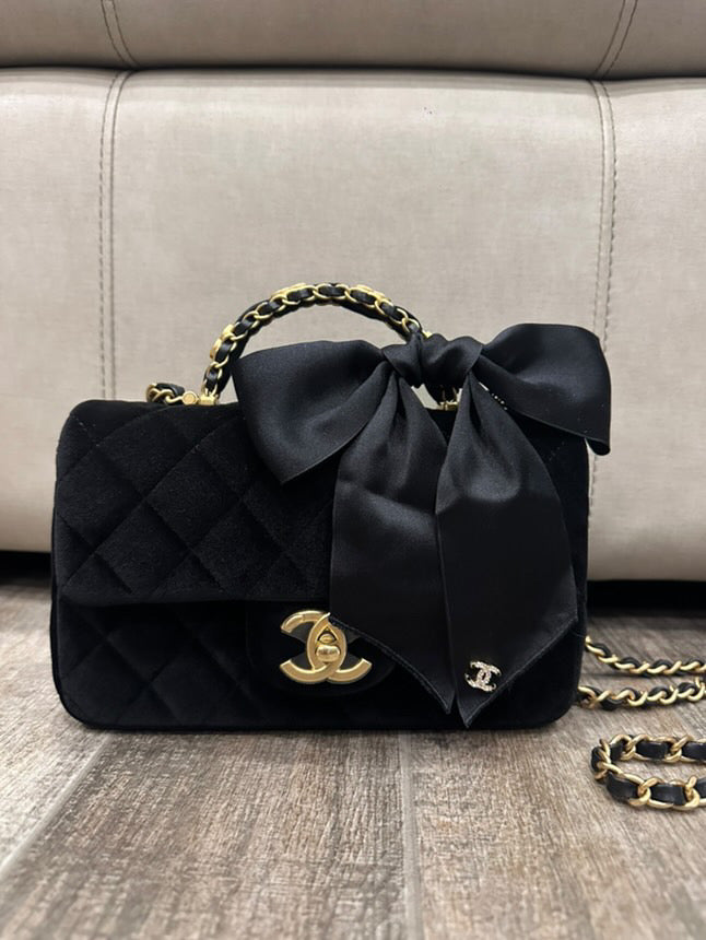 CHANEL 25K Collection 2025 Black Velvet Bow LGHW Mini Rectangular Flap Bag with Metal Top Handle