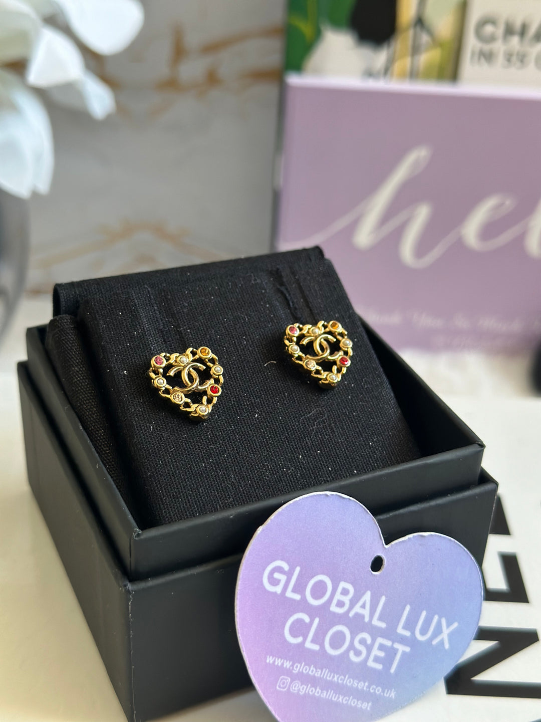 Chanel 21A Heart Multi coloured gems Gold tone earrings