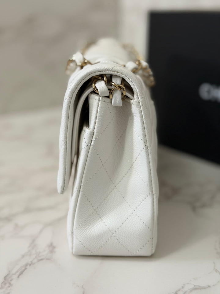 CHANEL 2023 White Caviar LGHW Medium ML Timeless Classic Double Flap Bag