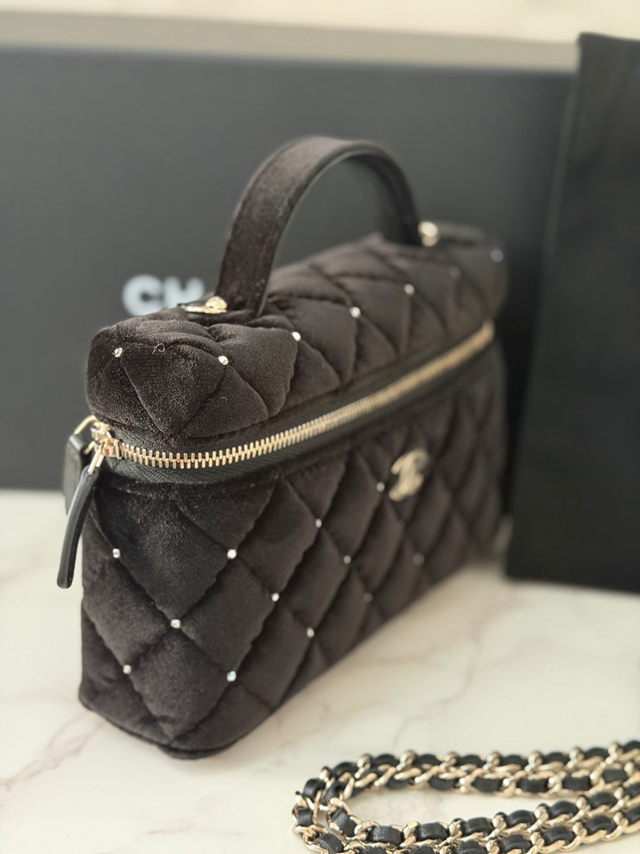 CHANEL 25K 2025 Black Velvet Diamanté Long Vanity with Detachable chain LGHW