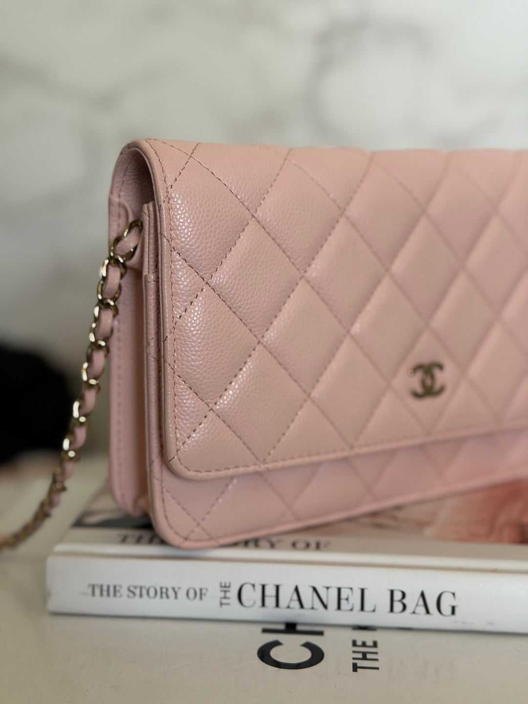 CHANEL Light pink/Nude pink caviar LGHW Classic Wallet on chain (WOC) 2024