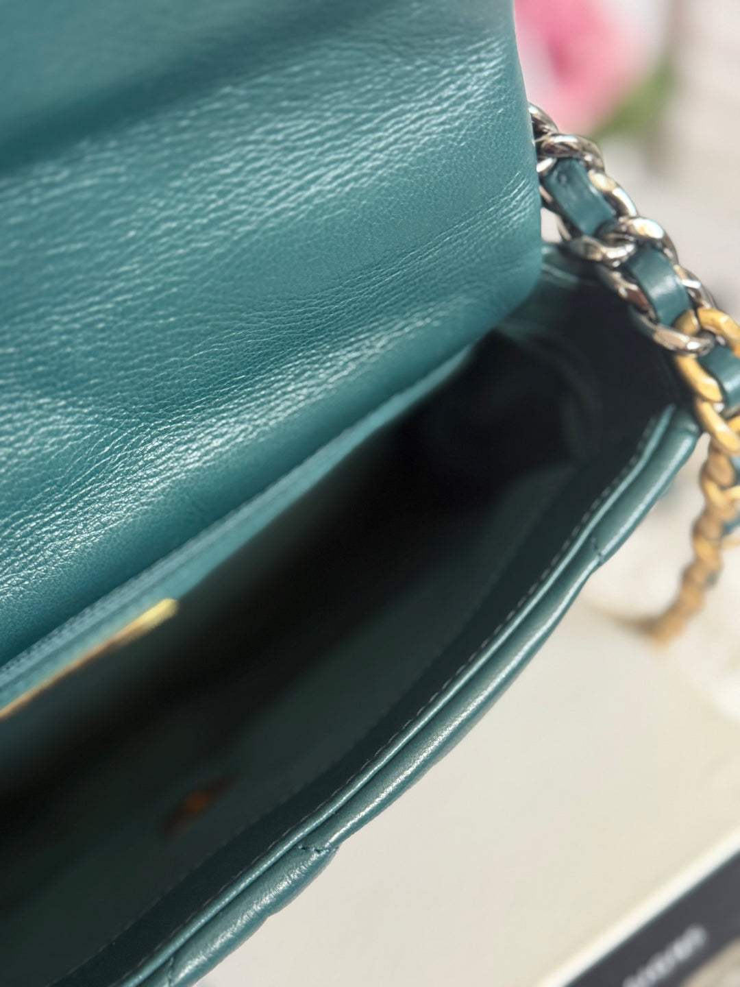 CHANEL 19 size SMALL in 20B Teal Dark Green Goat skin mixed hardware 2020