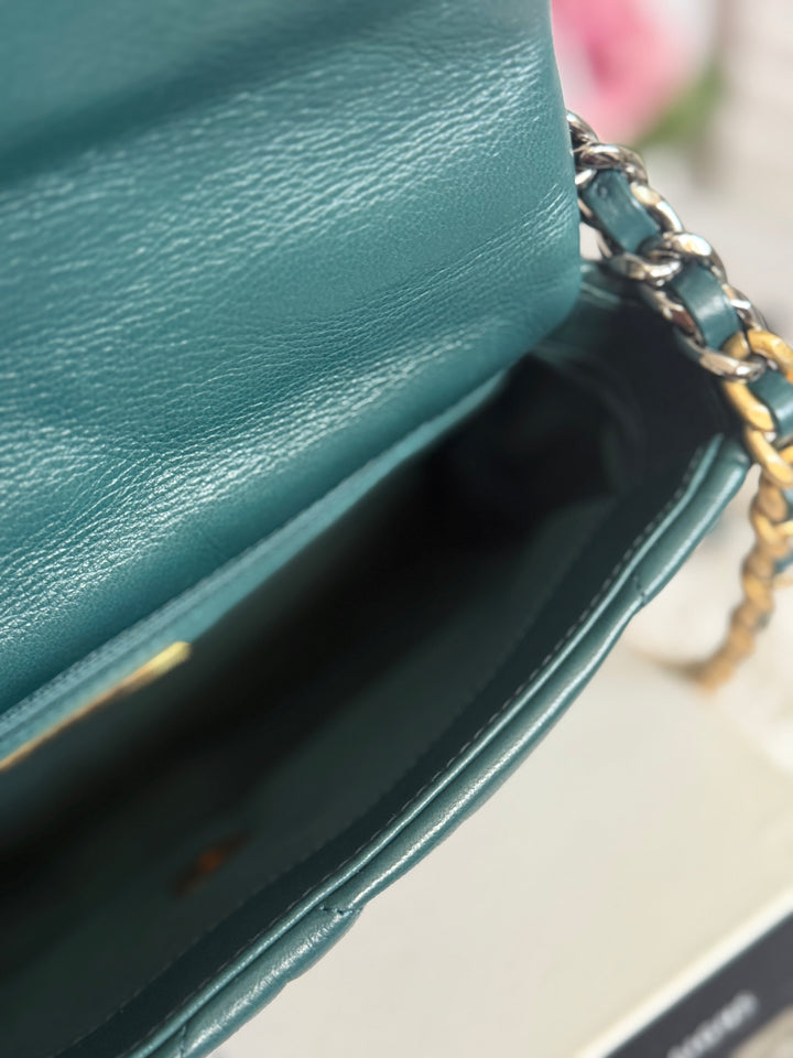 CHANEL 19 size SMALL in 20B Teal Dark Green Goat skin mixed hardware 2020