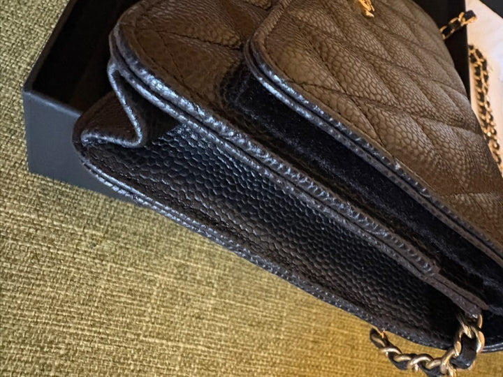 CHANEL Black Caviar GHW Turnlock New Style Classic Wallet on Chain (WOC)