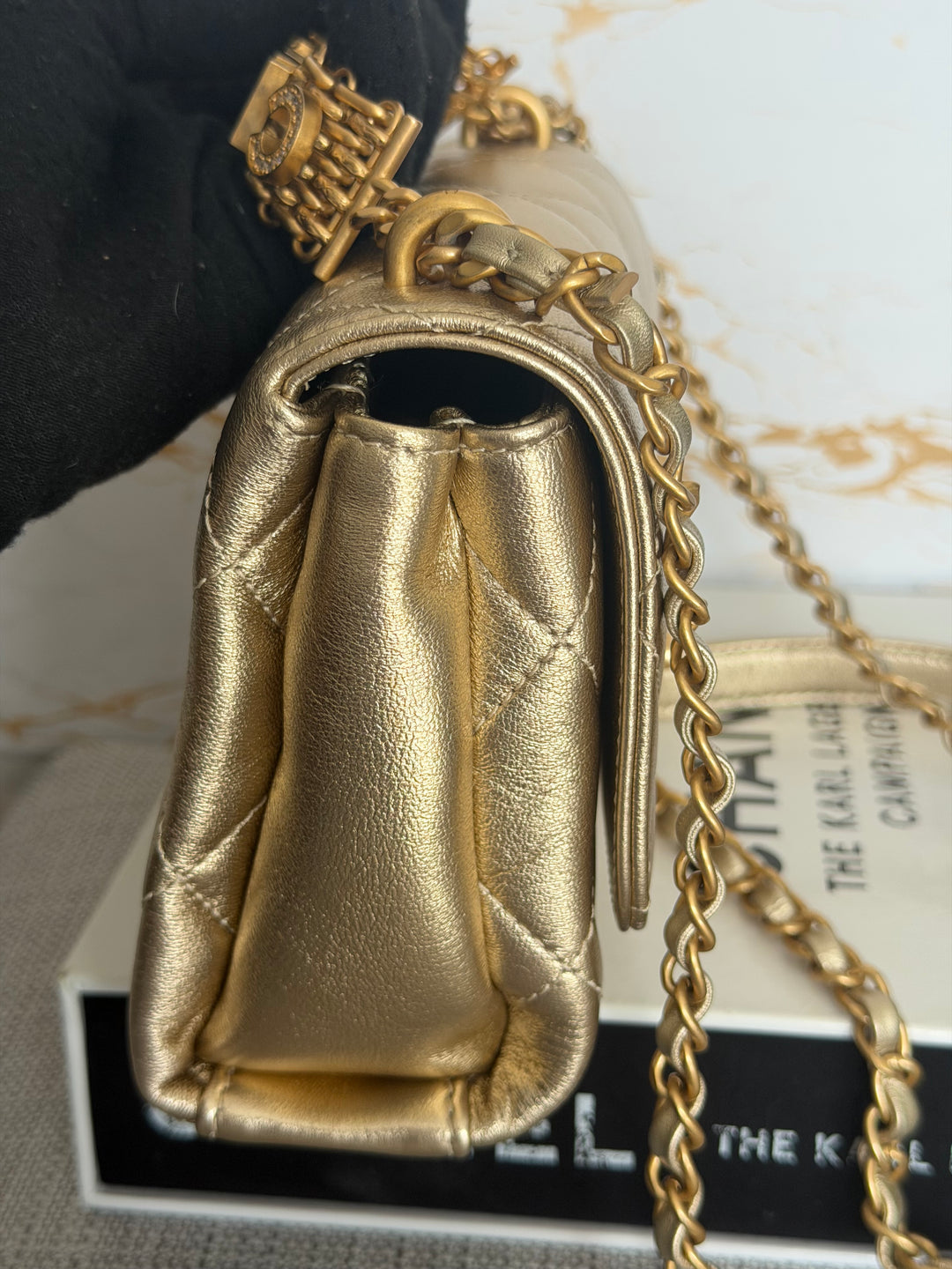 CHANEL Gold Metallic Lambskin CC Crystal Logo Chain Flap Bag 2022