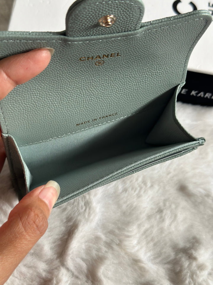 Chanel Sage caviar LGHW Classic Flap Snap Card Holder