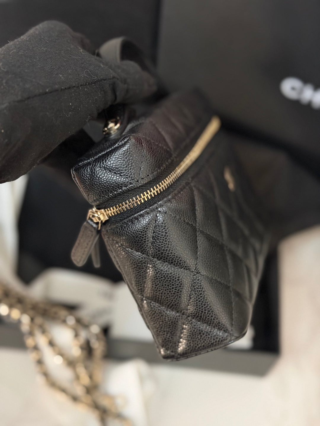 CHANEL Black Caviar LGHW Long Vanity with top handle and detachable chain