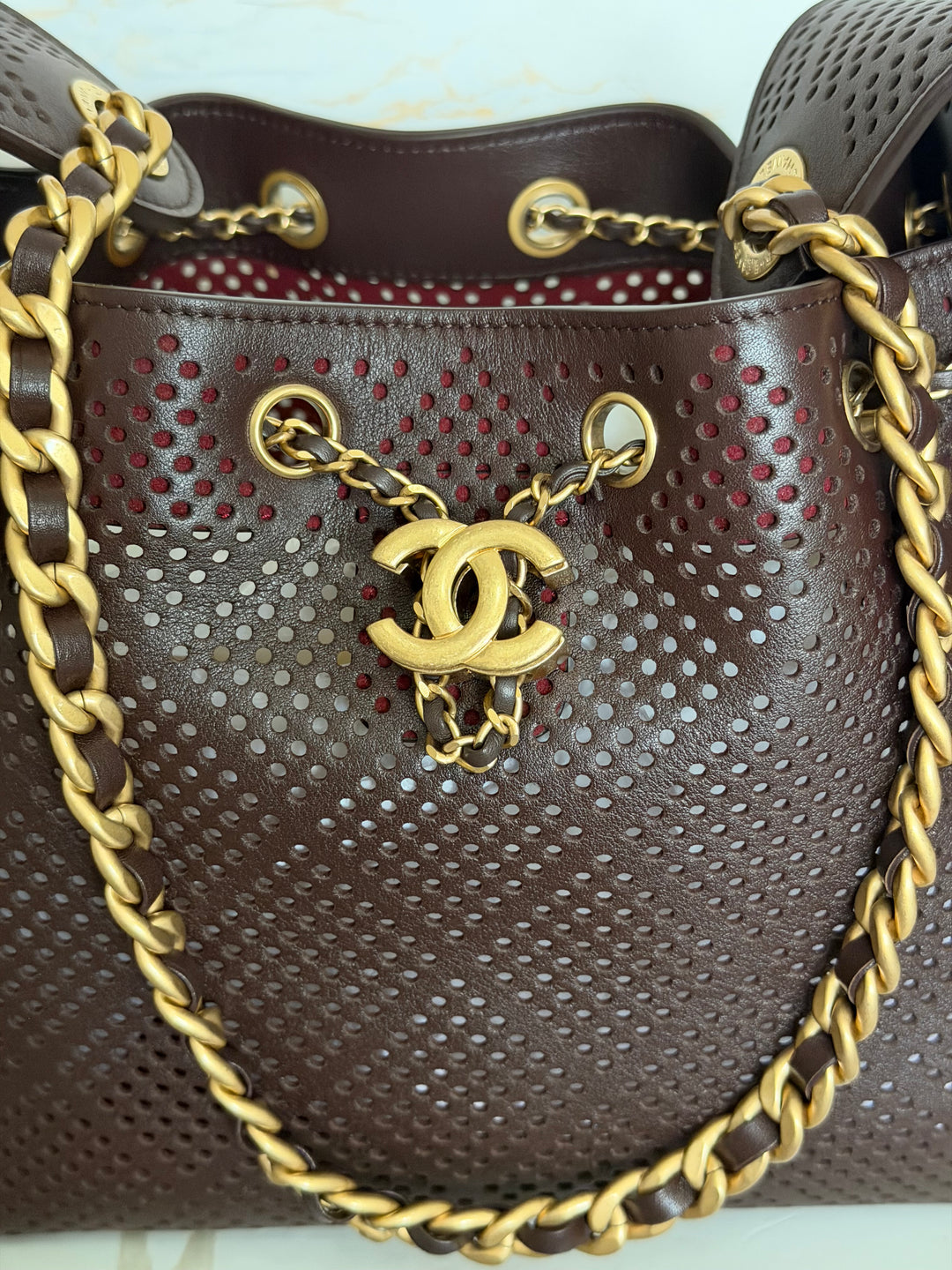 CHANEL 26S 25 Hobo Bag in Perforated BROWN Calf skin Aged GHW size SMALL