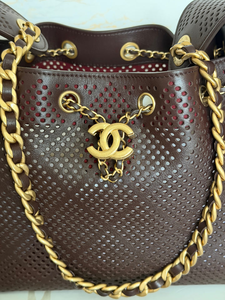 CHANEL 26S 25 Hobo Bag in Perforated BROWN Calf skin Aged GHW size SMALL