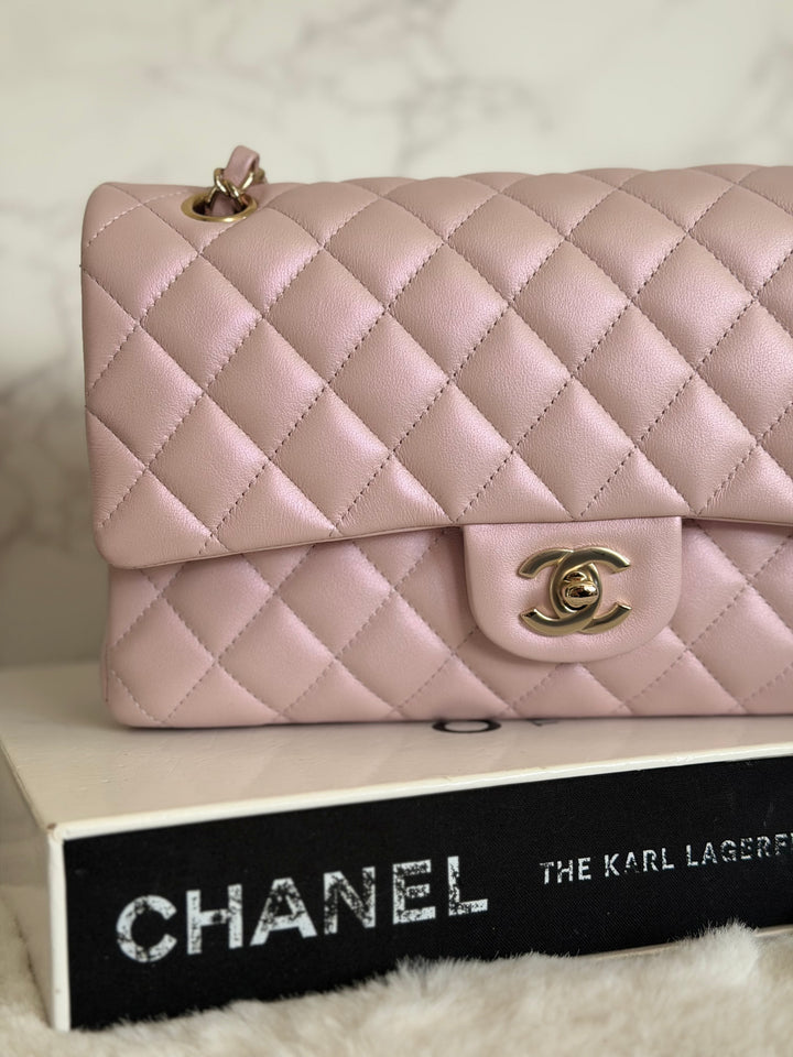CHANEL 21S iridescent Pink Calf Skin LGHW Medium ML Timeless Classic Double Flap Bag series 31 2021
