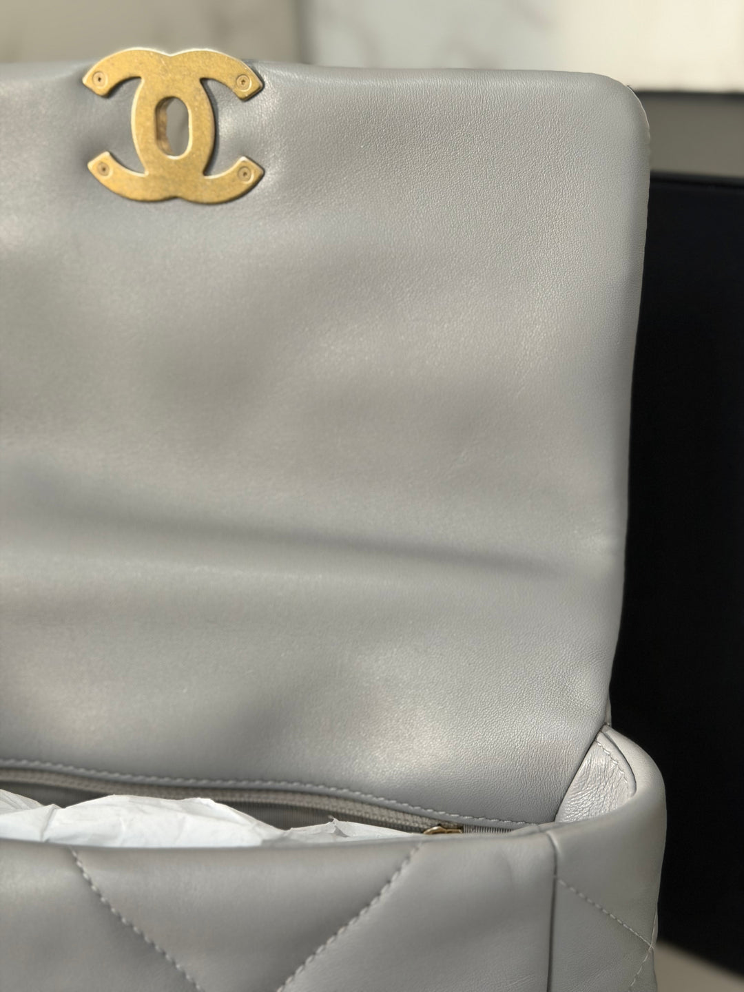 CHANEL 19 size Small Grey Lambskin Mixed Hardware 21B 2021 Flap Bag with Top Handle