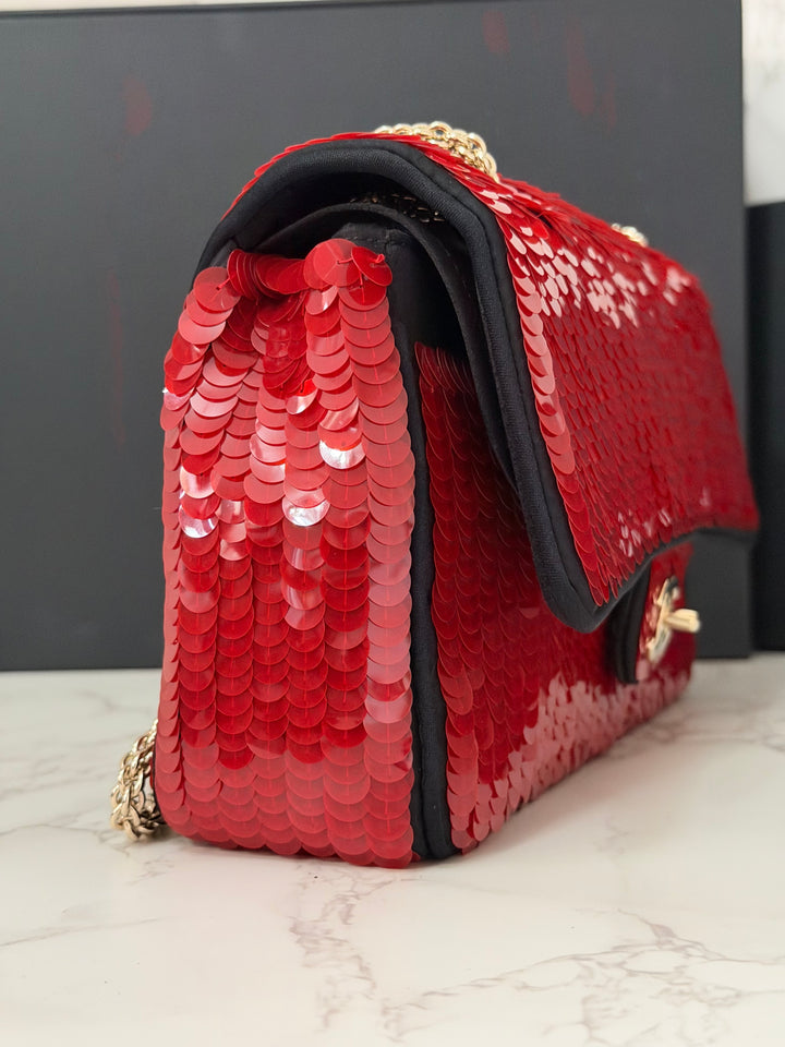 CHANEL series 13 2010 Red Sequin and Black Satin Paris-Shanghai Medium Flap Bag Gold Hardware