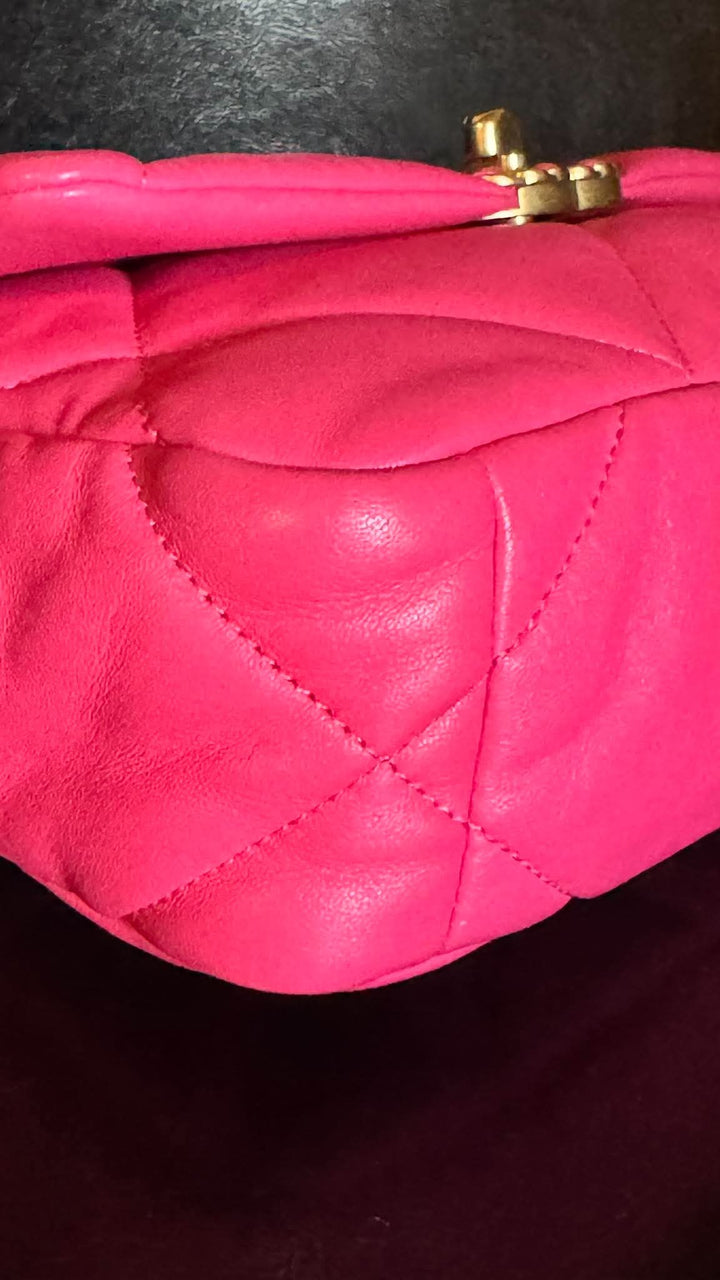 CHANEL 19 size Small in Hot Pink Lambskin Mixed Hardware Flap Bag Microchipped