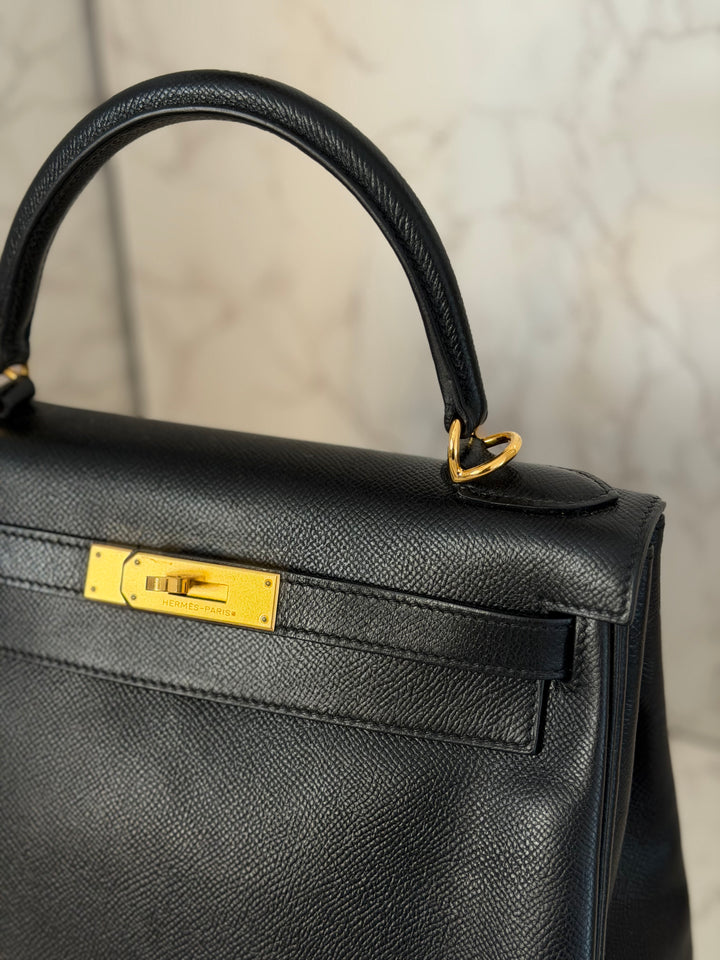 Hermes Noir/Black Epsom Leather GHW Kelly 28 stamp N 2010