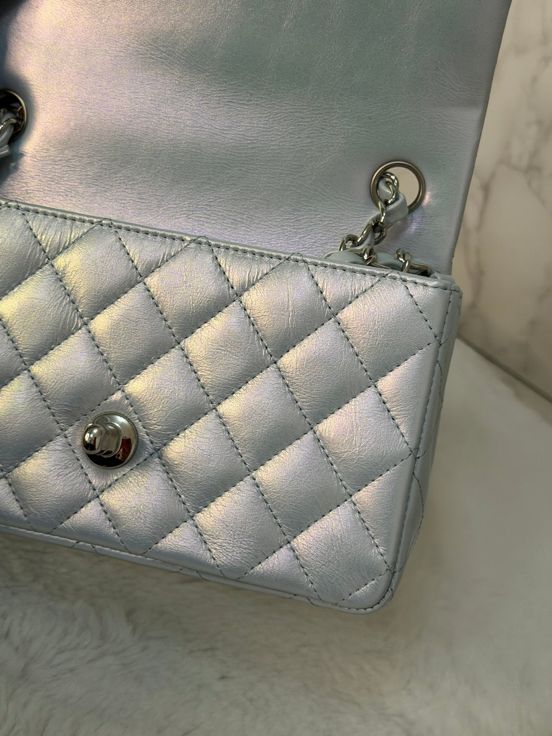 CHANEL 21K 2021 Iridescent light Blue Calf skin SHW Mini rectangular flap bag microchip