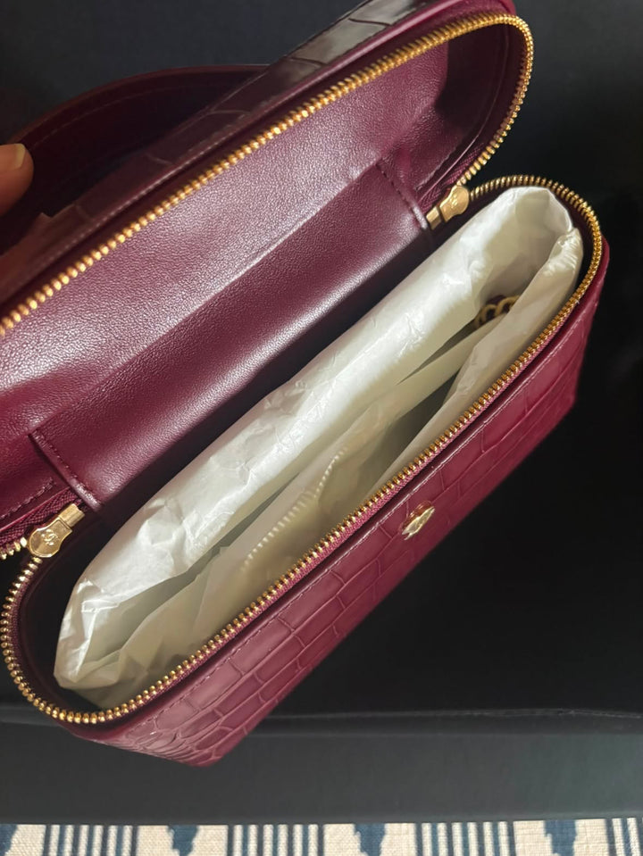 CHANEL 26B Burgundy Calf Skin Croc Embossed LGHW LP Long Vanity with detachable chain size SMALL 19 cms 2026