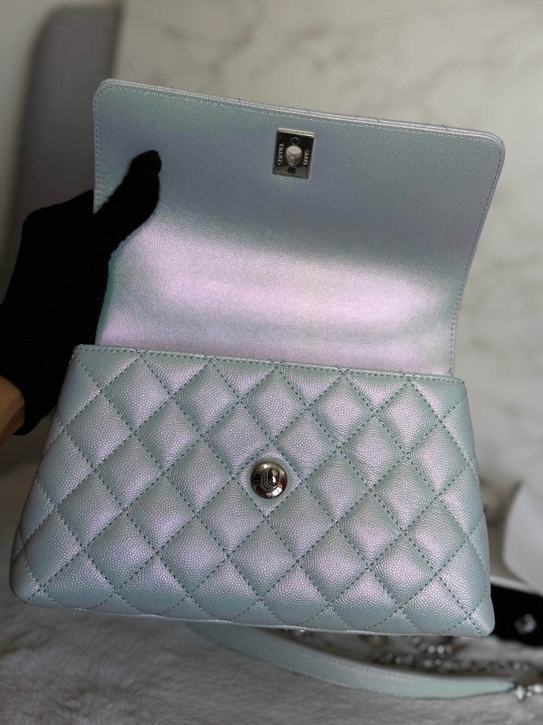 CHANEL 21K iridescent Light Blue Caviar Rainbow and shiny SHW Coco Handle Flap Bag size Small 2021