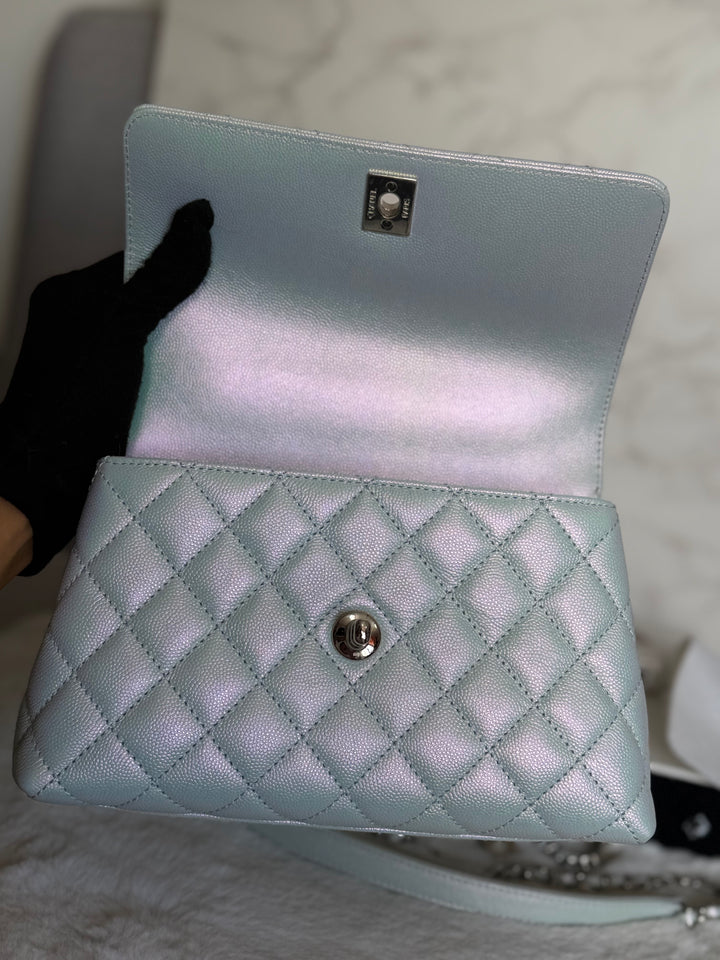 CHANEL 21K iridescent Light Blue Caviar Rainbow and shiny SHW Coco Handle Flap Bag size Small 2021
