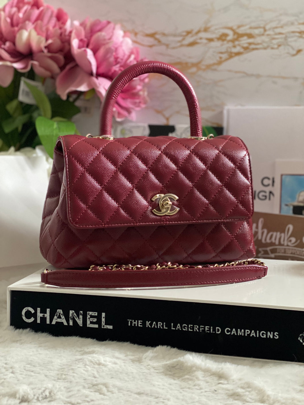 Chanel 21A 2021 Fall/Winter collection Burgundy caviar LGHW Coco Handle Flap Bag size Small with detachable Shoulder Strap