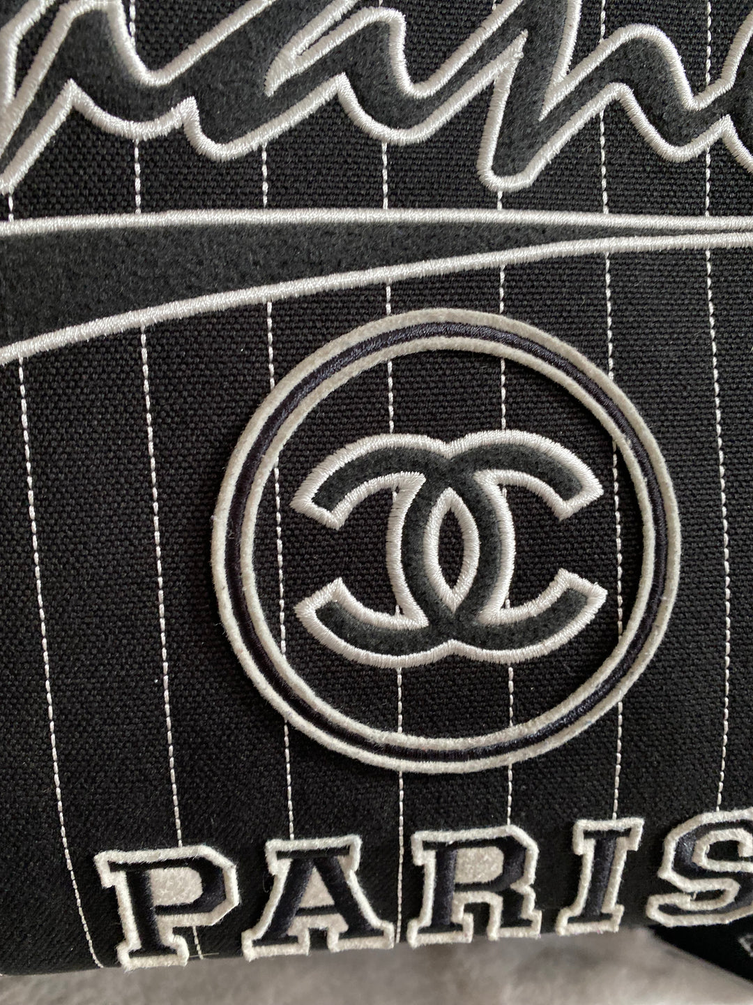 Chanel 23P 2023 collection in Black/White Stripe Canvas Deauville Tote with Top Handle and detachable pouch size Medium (15 inches)
