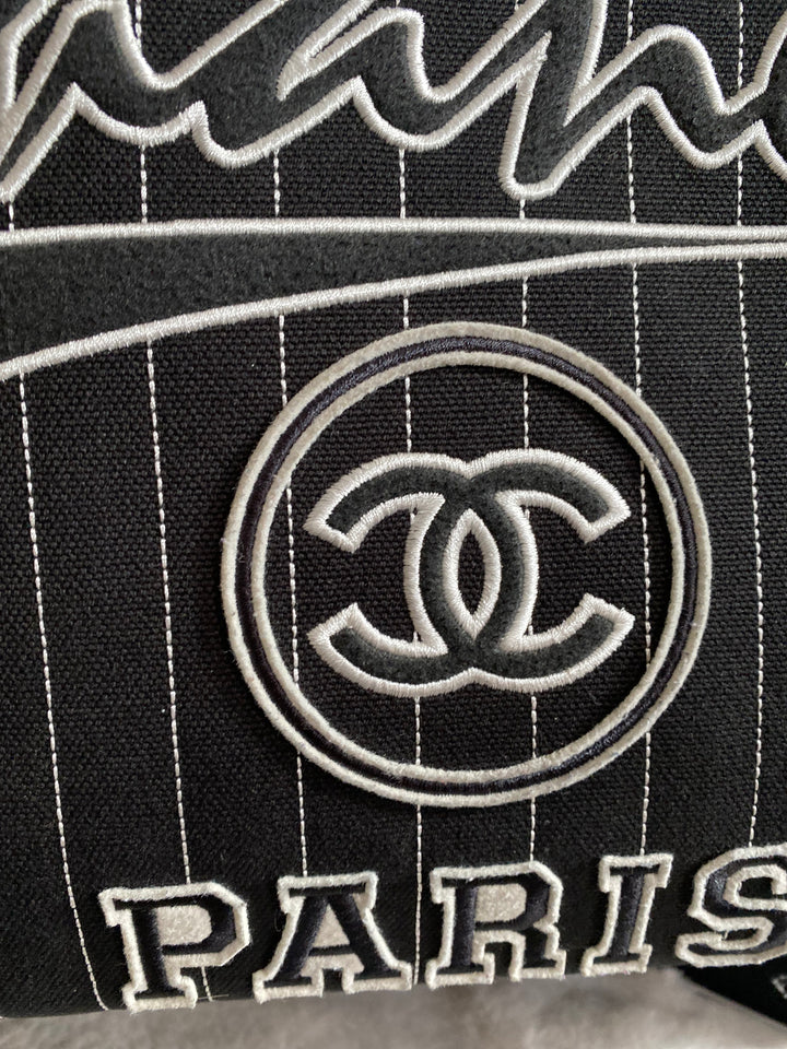 Chanel 23P 2023 collection in Black/White Stripe Canvas Deauville Tote with Top Handle and detachable pouch size Medium (15 inches)