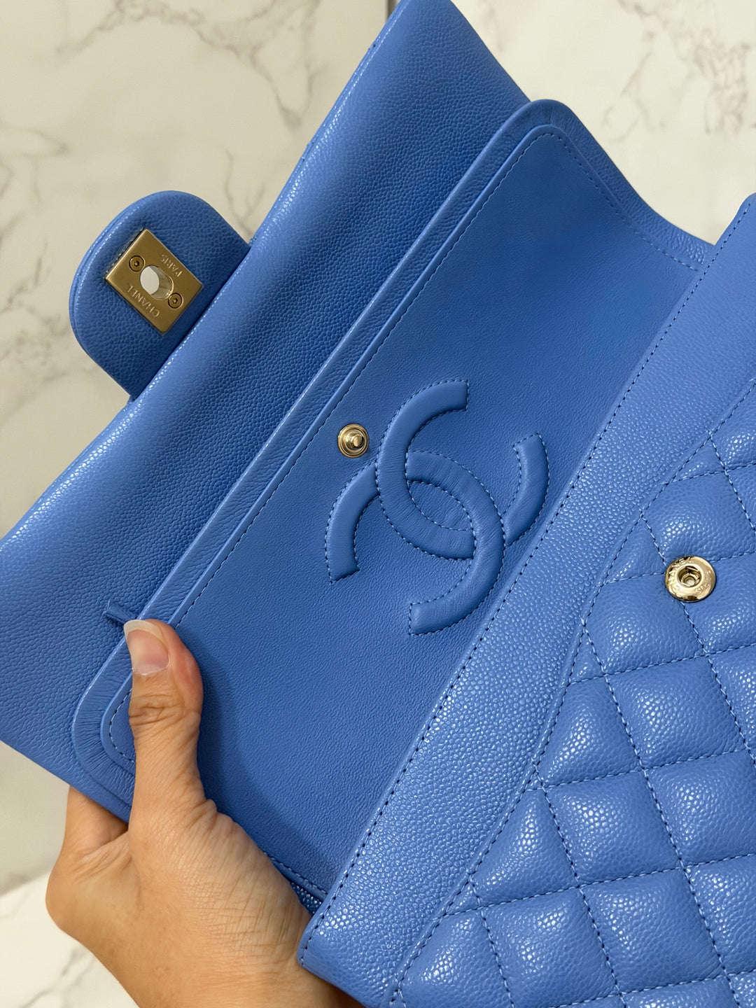 CHANEL 25C 2025 Periwinkle Blue Caviar LGHW Medium ML Timeless Classic Double Flap Bag